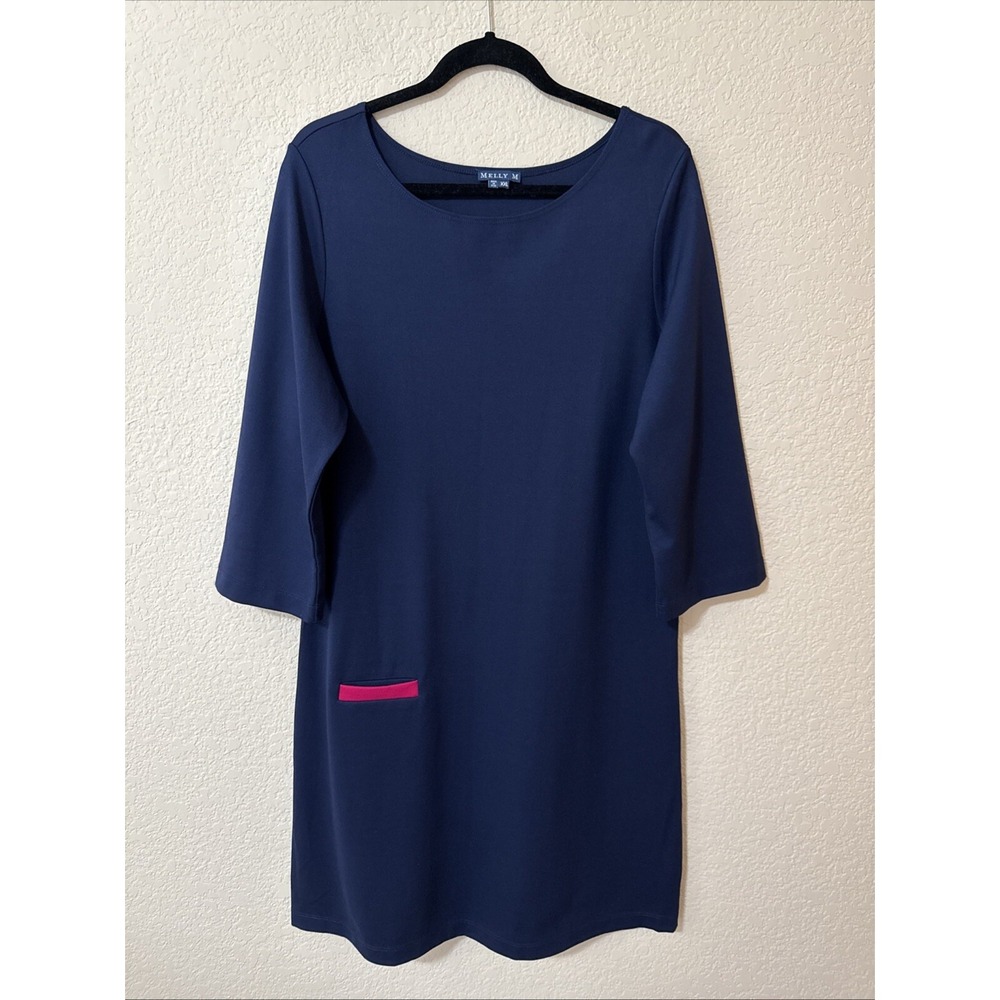 NWOT Melly M Stretchy Shift Midi Dress Plus Size 2X Navy Blue Soft Jersey Knit